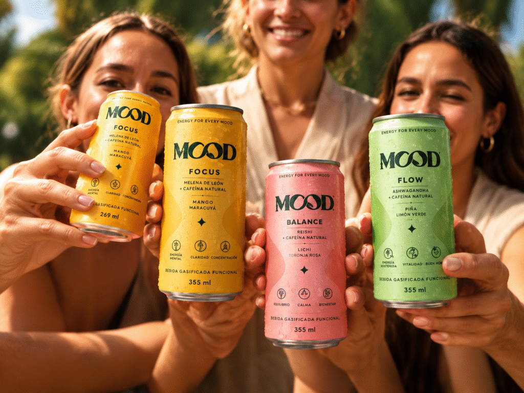 Personas brindando con latas MOOD FOCUS, BALANCE y FLOW