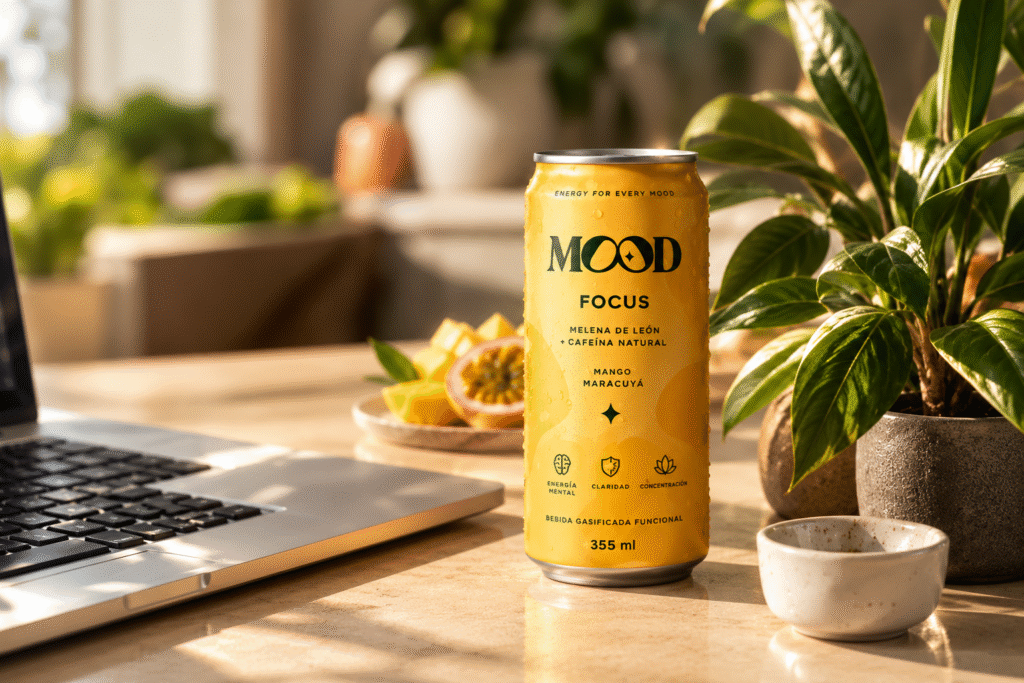 Lata MOOD FOCUS sobre un escritorio junto a un portátil