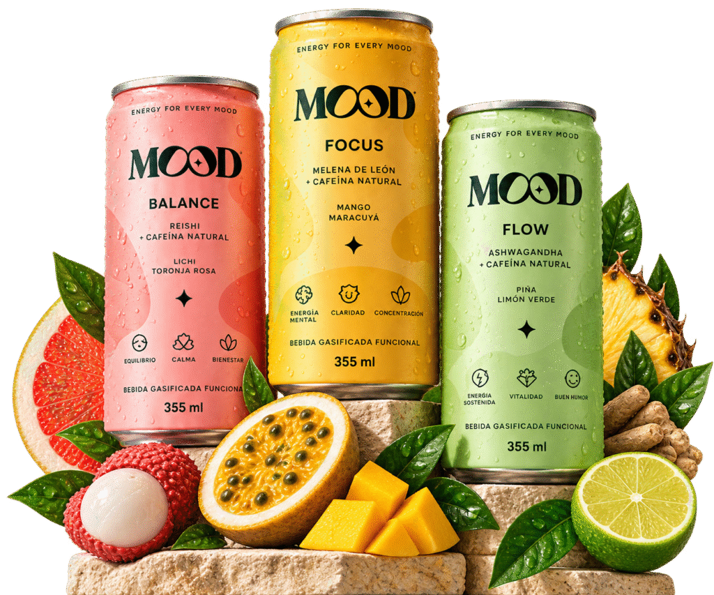 Latas MOOD FOCUS, BALANCE y FLOW con mango, maracuyá, lichi y limón verde